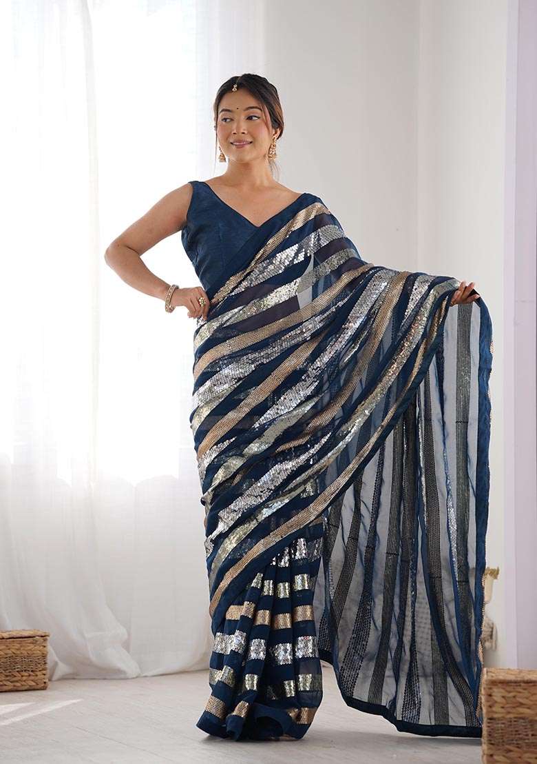 Petrol Blue Sequin Embroidered Georgette Saree Set - Indya