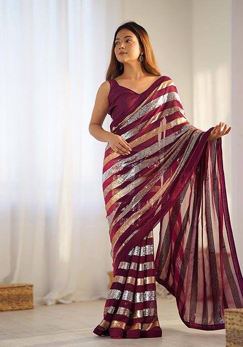 Wine Sequin Embroidered Georgette Saree Set