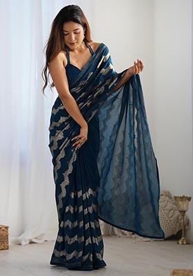 Petrol Blue Sequin Embroidered Georgette Saree Set