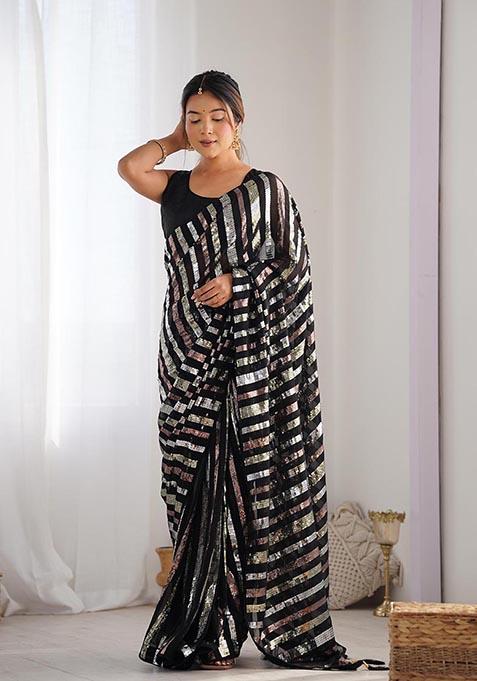 Black Sequin Embroidered Georgette Saree Set