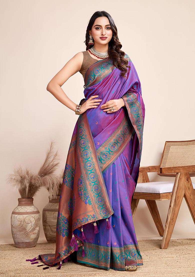 Violet Zari Woven Jacquard Silk Saree Set - Indya