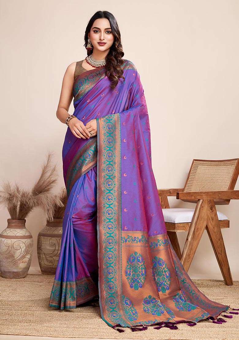 Violet Zari Woven Jacquard Silk Saree Set - Indya