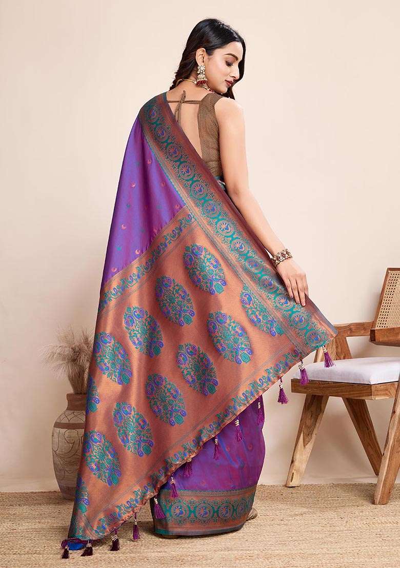 Violet Zari Woven Jacquard Silk Saree Set - Indya