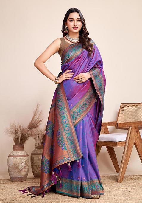 Violet Zari Woven Jacquard Silk Saree Set