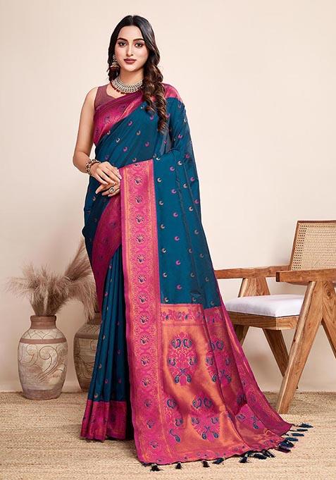 Blue Zari Woven Jacquard Silk Saree Set