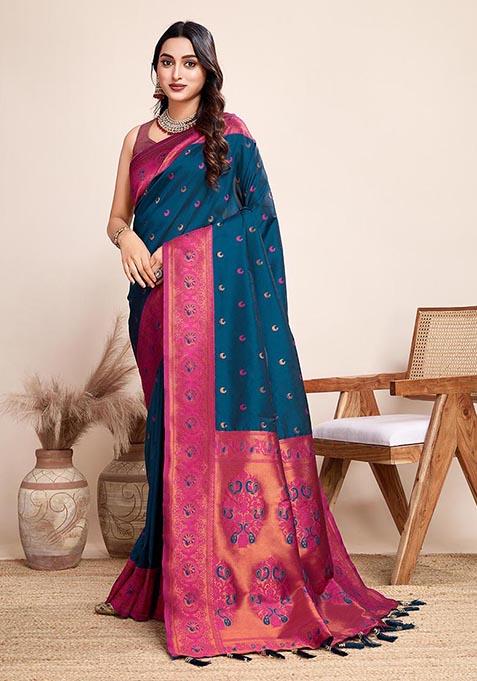 Blue Zari Woven Jacquard Silk Saree Set