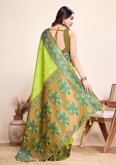 Lemon Yellow Zari Woven Jacquard Silk Saree Set