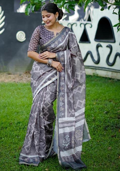 Grey Digital Print Cotton Saree Set