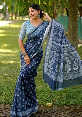 Blue Digital Print Cotton Saree Set