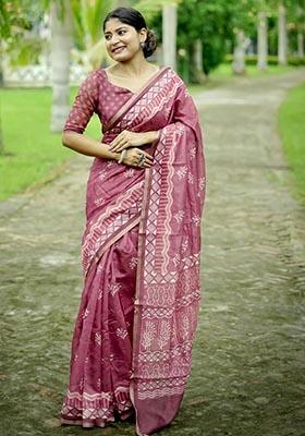 Red Digital Print Cotton Saree Set