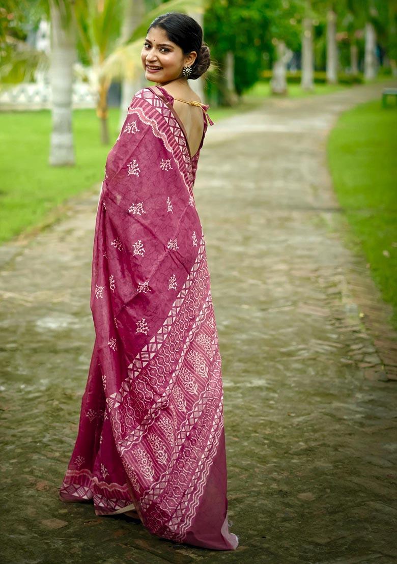 Red Digital Print Cotton Saree Set