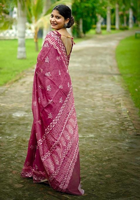 Red Digital Print Cotton Saree Set