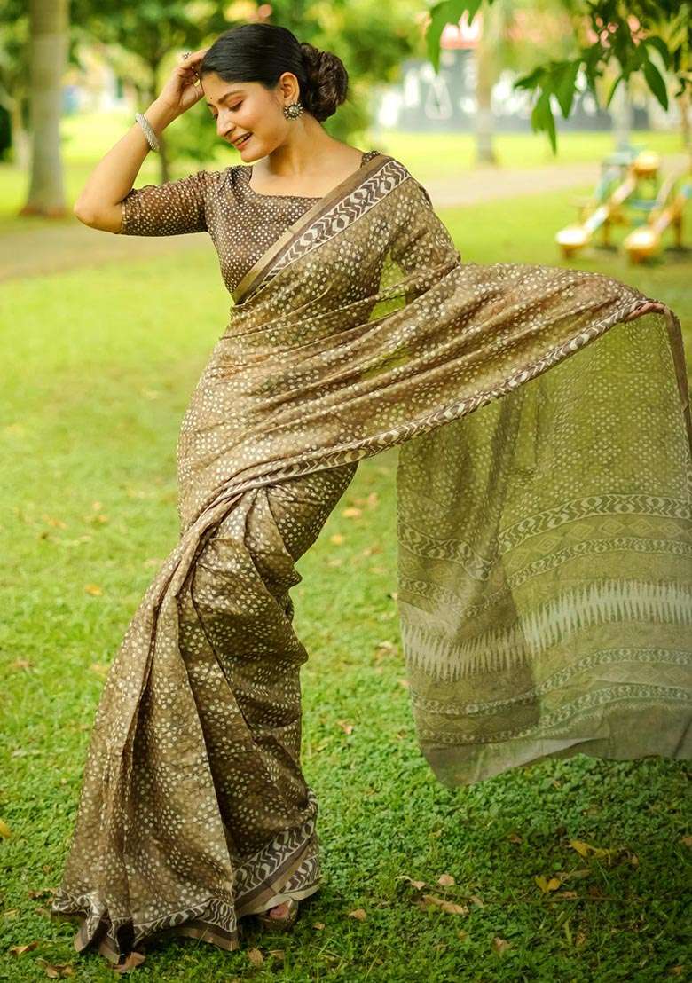 Green Digital Print Cotton Saree Set - Indya