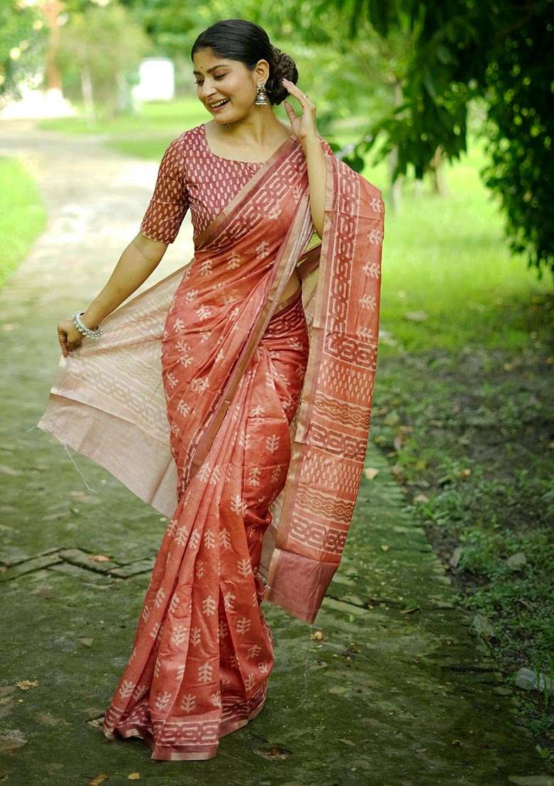Orange Digital Print Cotton Saree Set - Indya