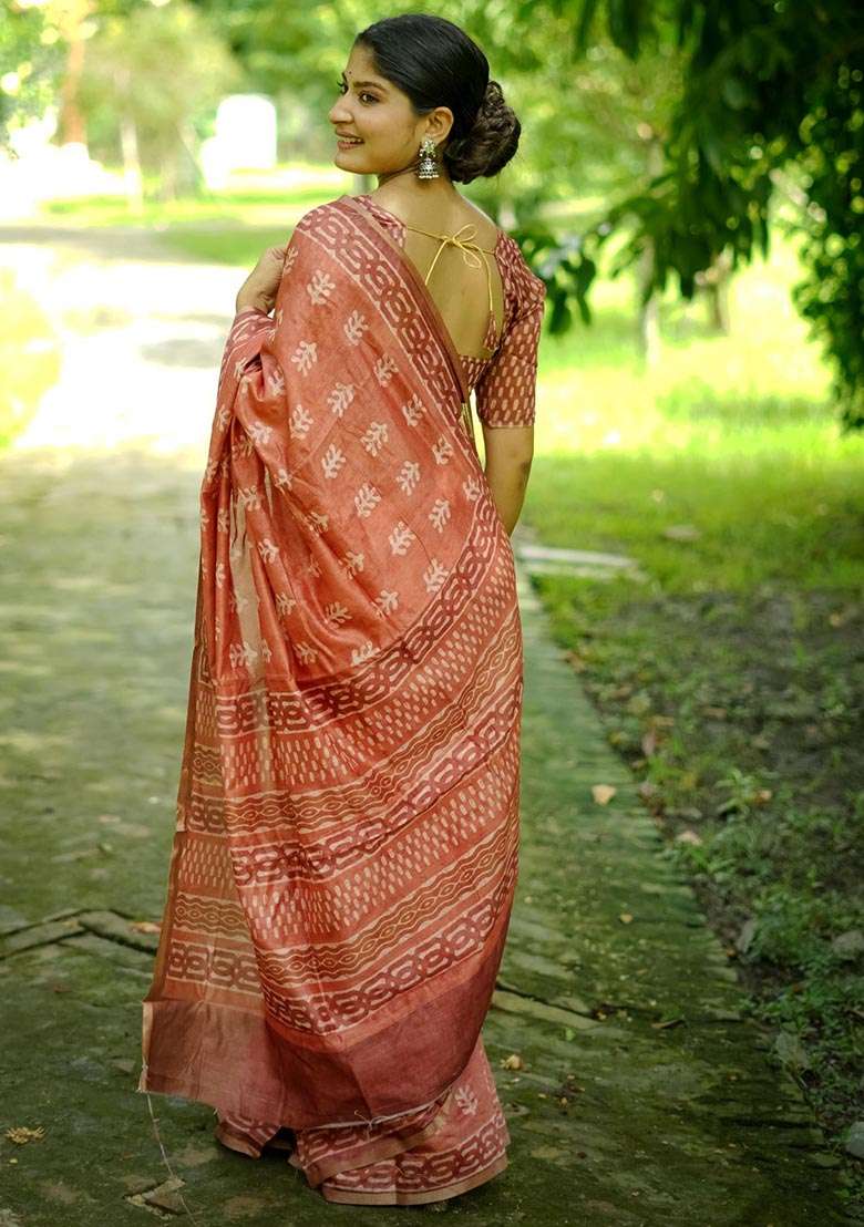 Orange Digital Print Cotton Saree Set - Indya