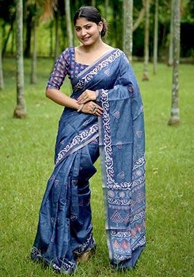 Blue Digital Print Cotton Saree Set