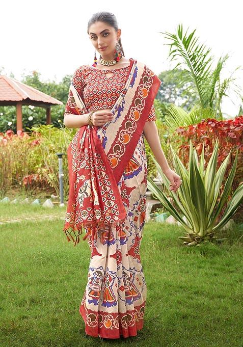 Maroon Patola Print Tussar Silk Saree Set