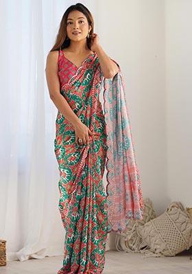 Green Digital Print Chinon Saree Set