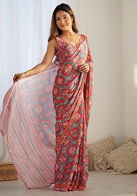 Red Digital Print Chinon Saree Set