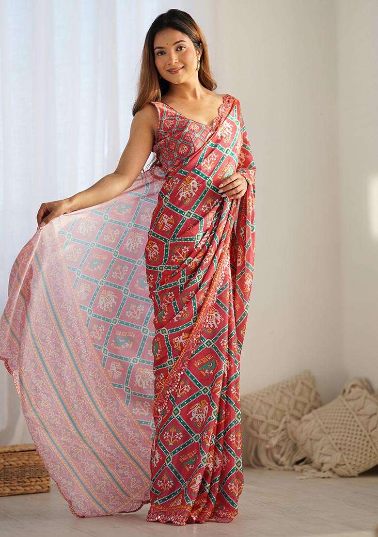 Red Digital Print Chinon Saree Set - Indya