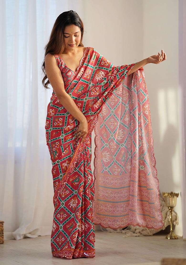 Red Digital Print Chinon Saree Set - Indya