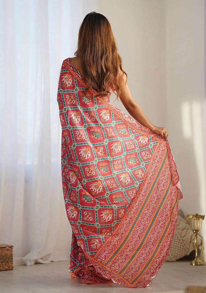 Red Digital Print Chinon Saree Set - Indya