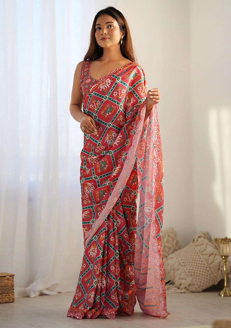 Red Digital Print Chinon Saree Set - Indya