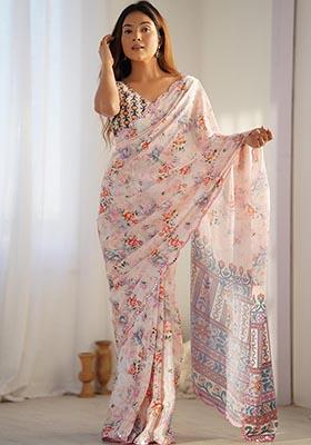 Cream Digital Print Chinon Saree Set