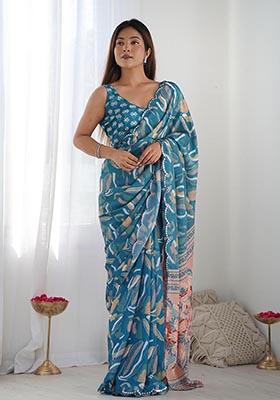 Teal Digital Print Chinon Saree Set