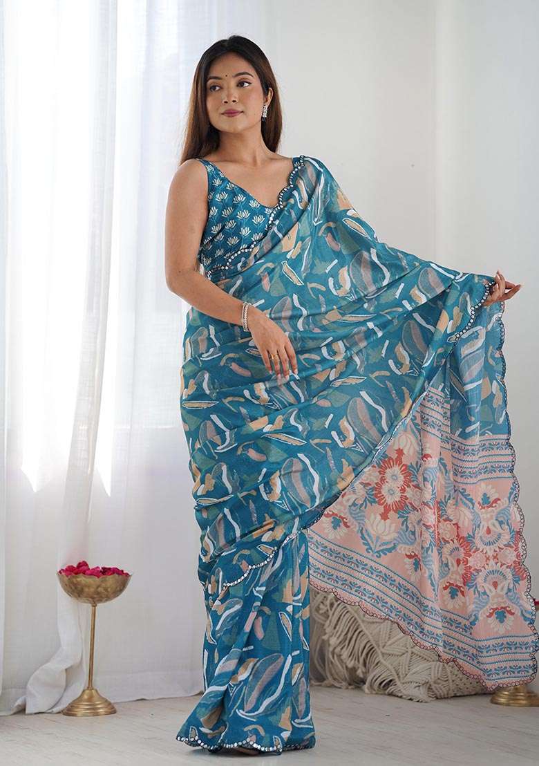 Teal Digital Print Chinon Saree Set - Indya
