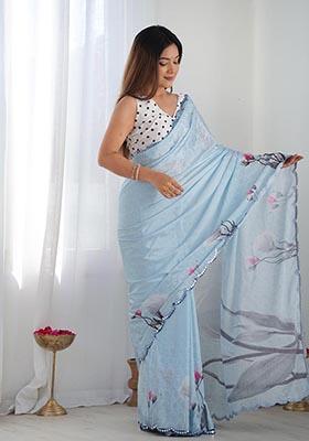 Sky Blue Digital Print Chinon Saree Set