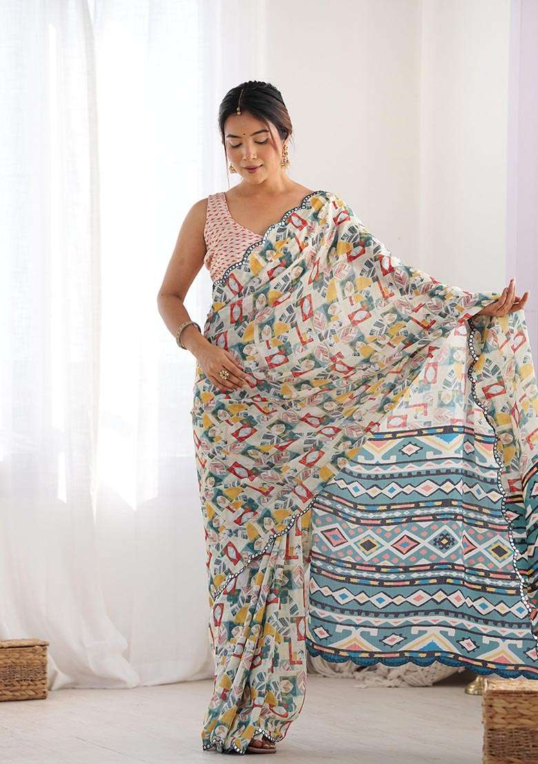 Off White Digital Print Chinon Saree Set - Indya
