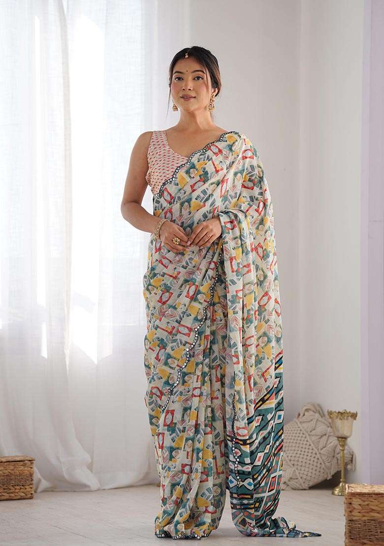 Off White Digital Print Chinon Saree Set - Indya