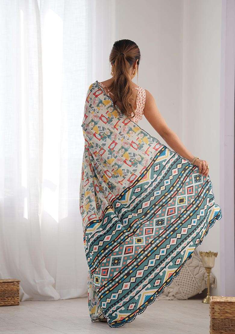 Off White Digital Print Chinon Saree Set - Indya