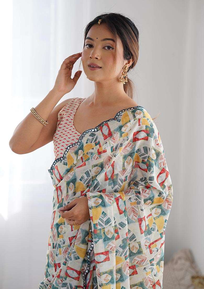 Off White Digital Print Chinon Saree Set - Indya