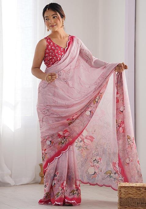 Pink Digital Print Chinon Saree Set