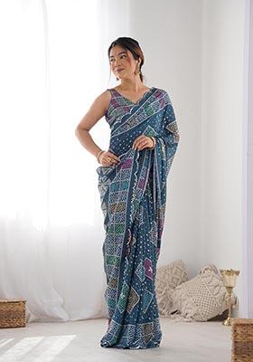Green Digital Print Chinon Saree Set
