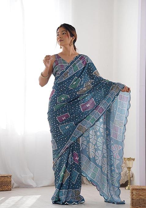 Green Digital Print Chinon Saree Set
