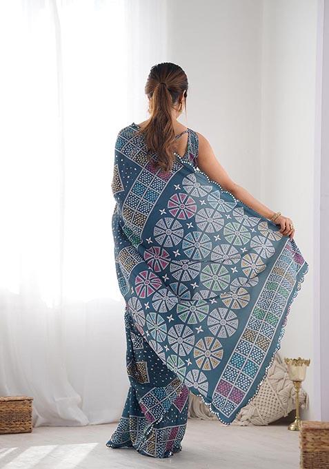 Green Digital Print Chinon Saree Set