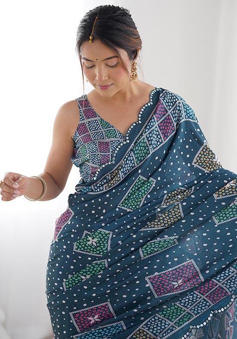 Green Digital Print Chinon Saree Set