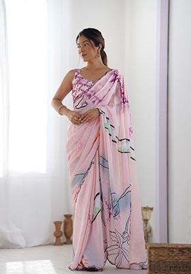 Pink Digital Print Chinon Saree Set