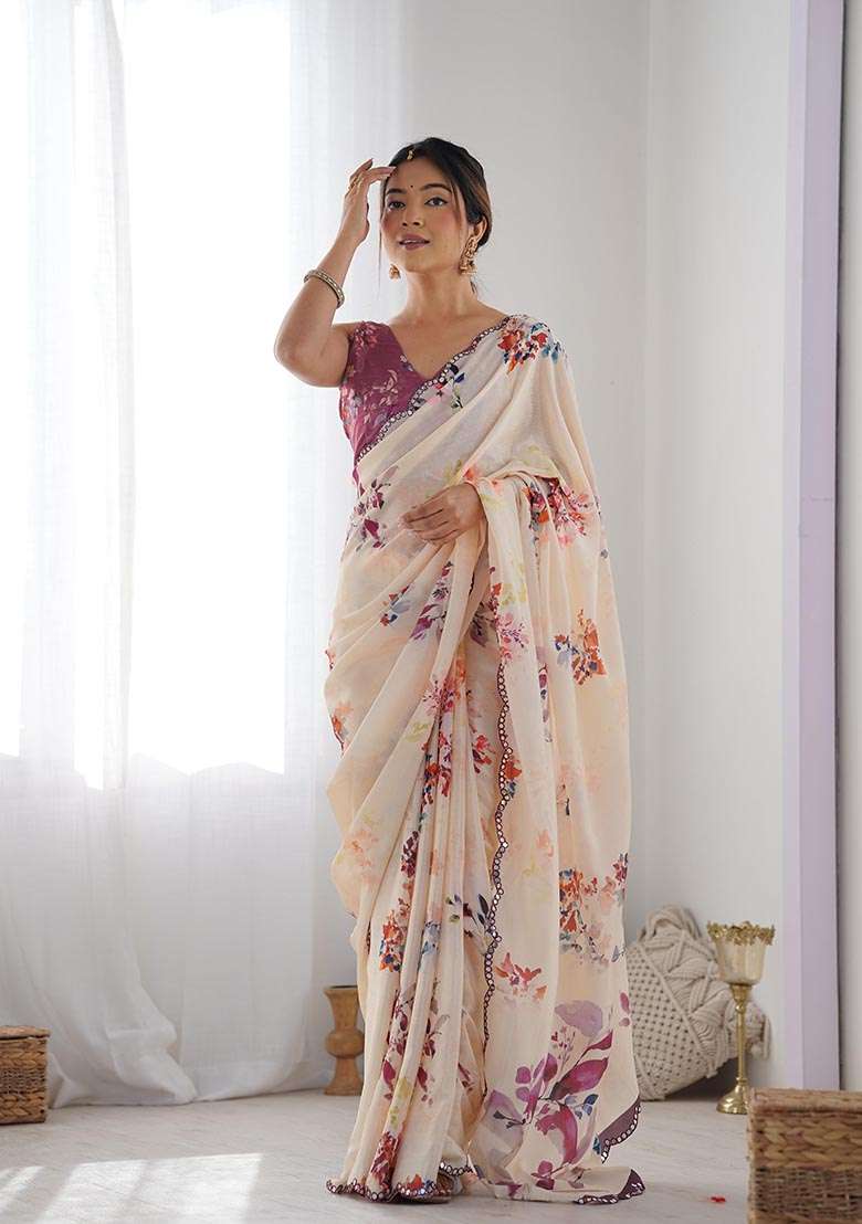 Peach Digital Print Chinon Saree Set - Indya