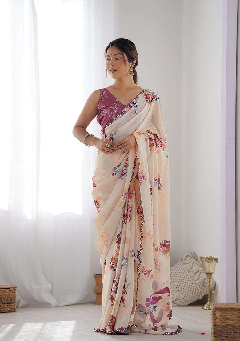 Peach Digital Print Chinon Saree Set - Indya