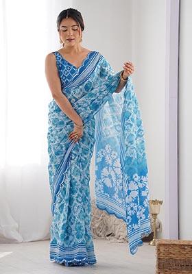 Blue Digital Print Chinon Saree Set