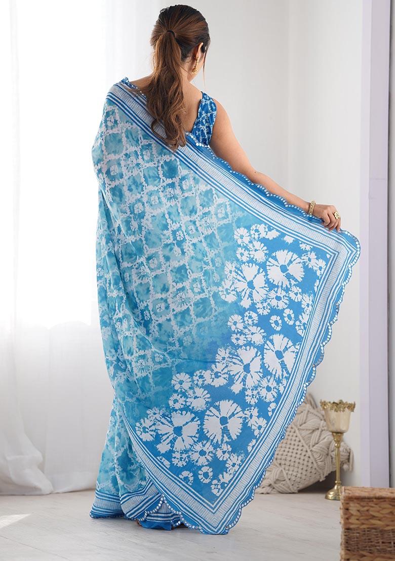 Blue Digital Print Chinon Saree Set