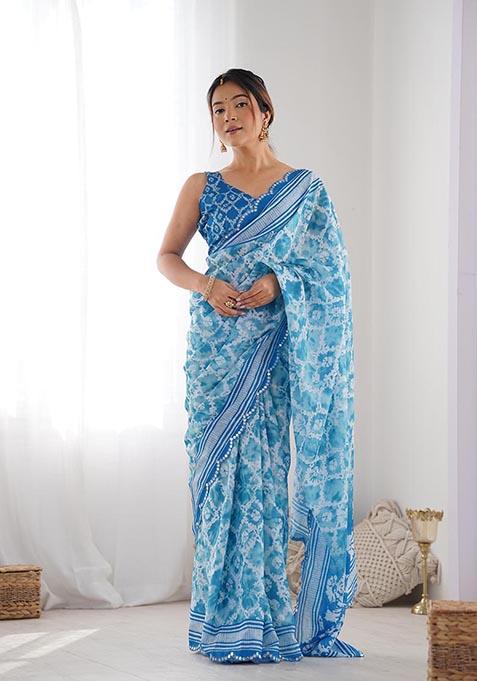 Blue Digital Print Chinon Saree Set