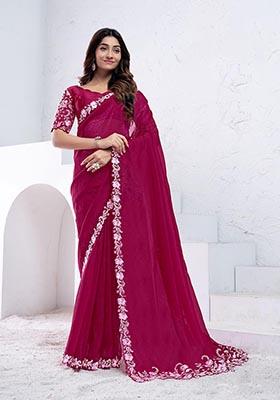 Pink Sequin Embroidered Crepe Shimmer Silk Saree Set