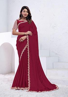 Red Hand Embroidered Crepe Silk Saree Set