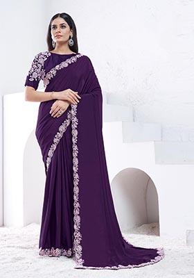 Purple Sequin Embroidered Crepe Silk Saree Set