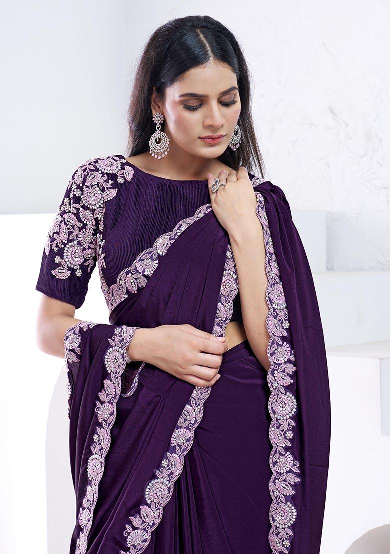 Purple Sequin Embroidered Crepe Silk Saree Set